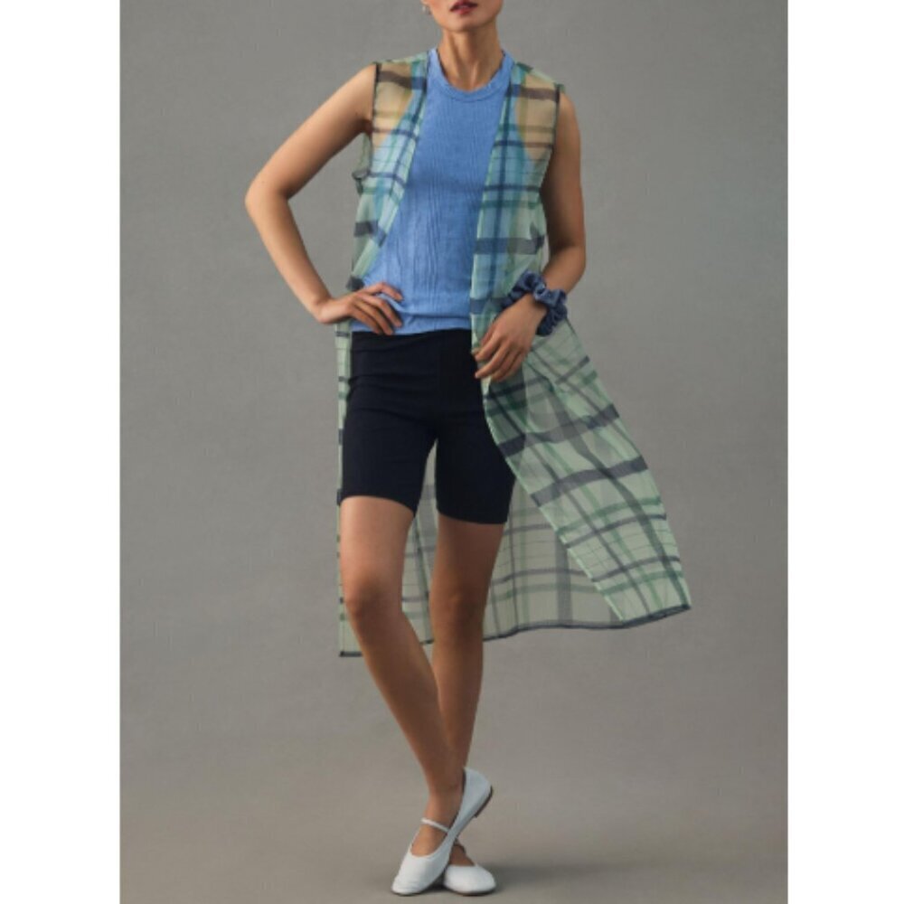 Maeve Womens Longline Vest One Size Green Plaid Sheer